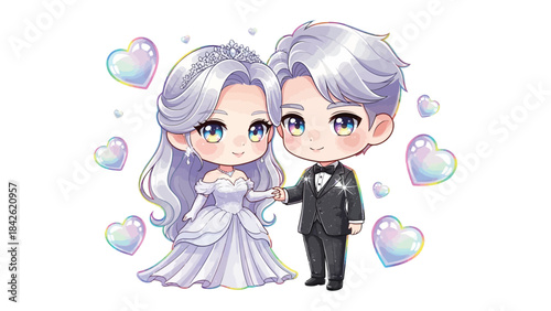 Eternal Union: An endearing illustration of a bride and groom on their special day, their bond symbolized by their intertwined hands amidst a backdrop of tender, floating hearts.