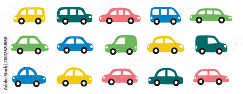 colorful cars set. Cute icons collection hand drawn doodle style for design of children kids room, clothes, fabric