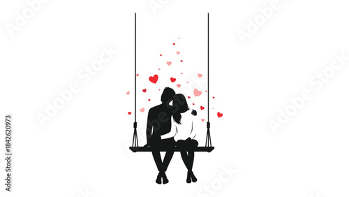 Silhouette of Lovers on a Swing: An endearing silhouette showcases a couple embraced on a swing. A tender moment shared amidst a shower of red hearts.