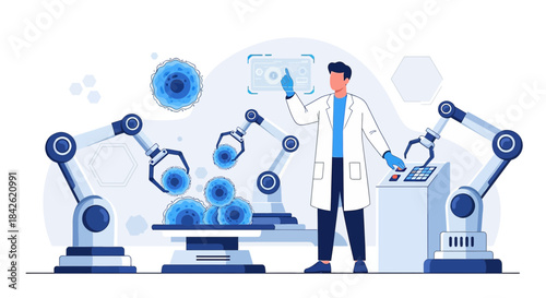 Automated biological research: scientist orchestrating robotic arms in lab environment using