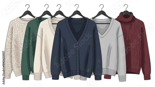 Six colorful knit sweaters on hangers