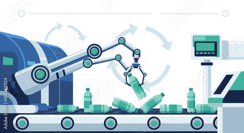 Automated plastic recycling process with robotic arm sorting bottles on conveyor belt system
