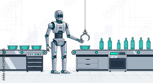Automated production line featuring an AI robot ensuring efficient operations and quality control