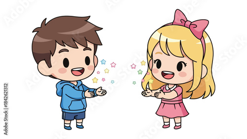 Joyful Childhood Magic: Two animated children with radiating stars, filled with happiness.