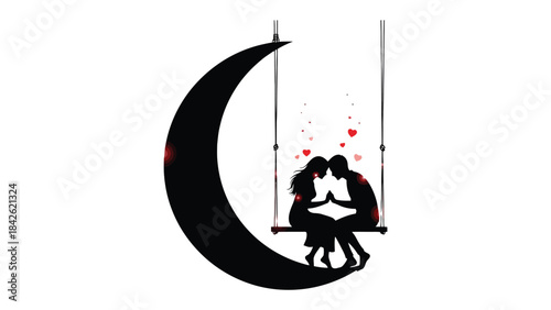 Romantic silhouettes: A tender scene depicts a couple in love, silhouetted against a crescent moon and adorned with falling hearts, symbolizing eternal devotion and shared dreams.