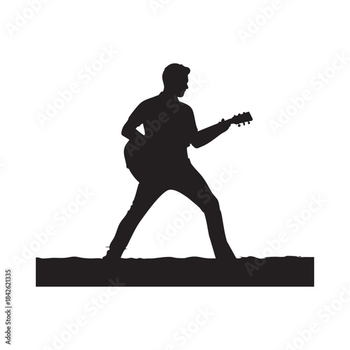 Silhouette of a male musician playing an acoustic guitar on a stage or ground isolated on white background