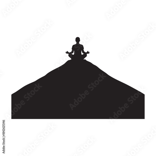 Silhouette of person meditating in lotus position on top of a mountain or pyramid shape isolated on white background