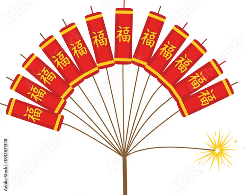 Traditional Chinese firecrackers illustration, festive red lantern-style fireworks, celebration decoration for Lunar New Year, luck and prosperity symbol, holiday design element