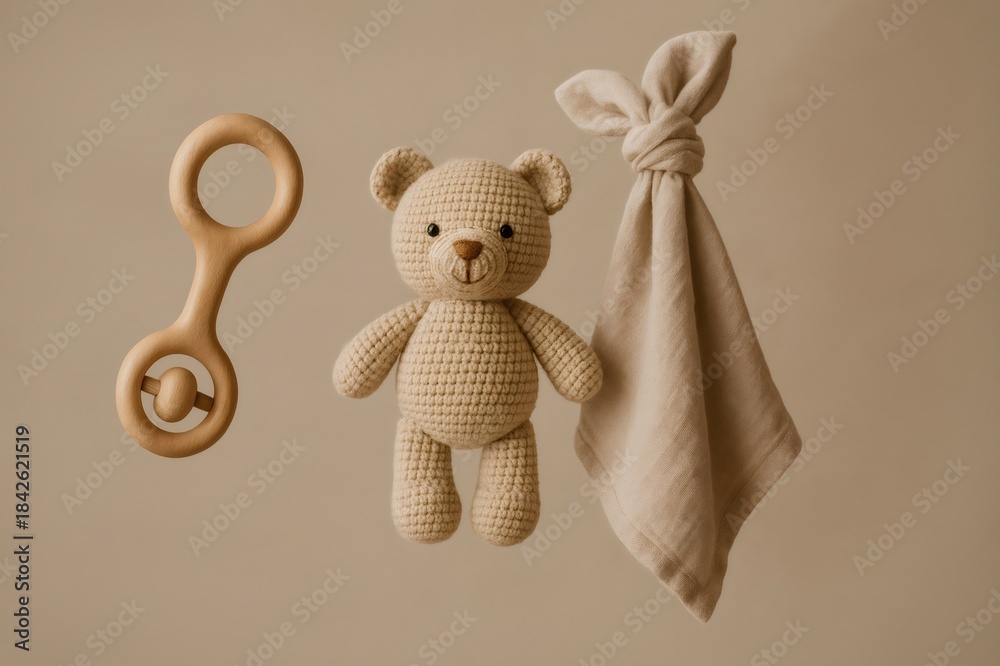 Fototapeta premium Organic cotton blanket, wooden rattle, and crochet teddy bear creating a gentle, eco friendly baby gift set against a beige background