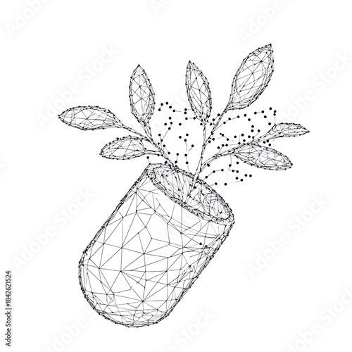 Low poly wireframe capsule with growing plant leaves and scattered dots 3d mesh illustration symbolizing herbal medicine natural healthcare organic treatment alternative remedy
