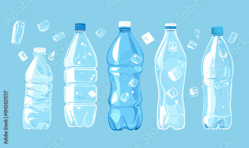 Collection of crumpled and empty plastic water bottles with caps scattered isolated on blue background flat minimalist vector illustration