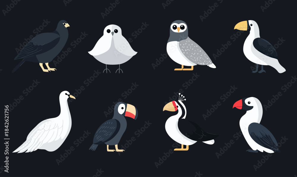 Fototapeta premium Set of minimalist flat vector bird icons including raven, snowy owl, barn owl, toucan, swan, puffin, hornbill, and black bird illustrations on dark background