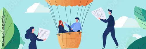 Human resources recruitment concept with business people reading CVs floating in hot air balloon over plants and sky background flat vector illustration