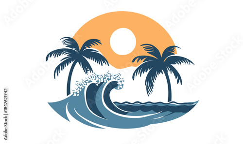 Minimalist tropical beach sunset with ocean waves and palm trees flat vector illustration for travel and summer vacation themes background design