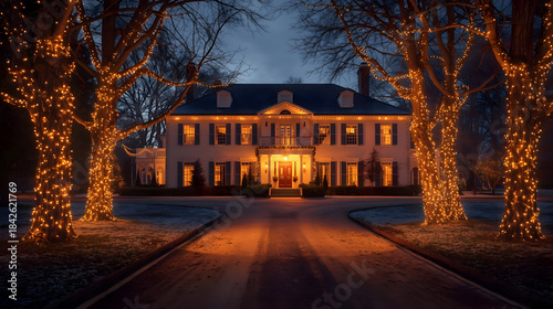 Luxury home decorated with Christmas lights in winter snow at night. Beautiful festive house exterior with warm lighting.