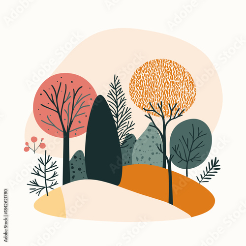 Minimalist abstract landscape with colorful geometric trees and hills flat vector nature illustration for design and decoration