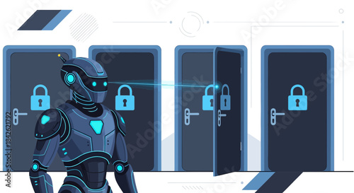 Cybernetic guardian navigating digital security barriers with advanced laser technology and secure