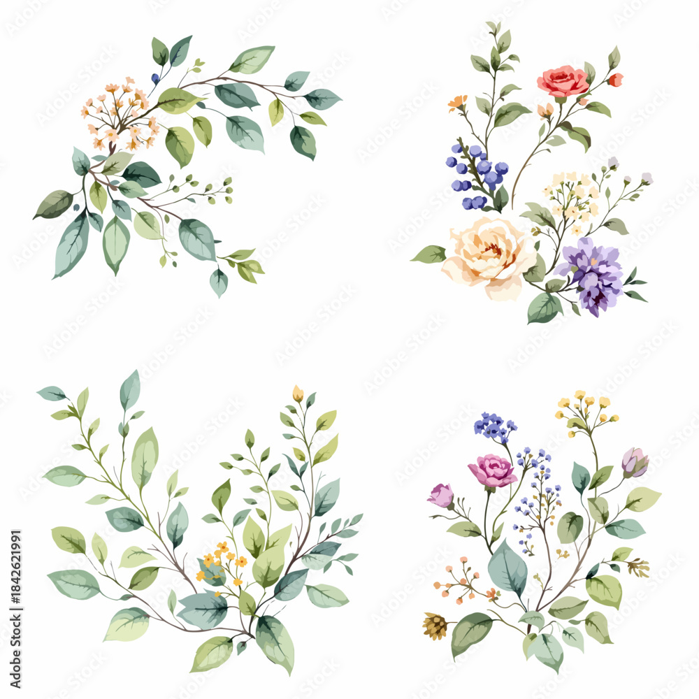Fototapeta premium Vintage inspired botanical branch illustrations with subtle gradients and fine details