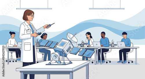 Diverse students learning about space and satellite technology in a classroom setting