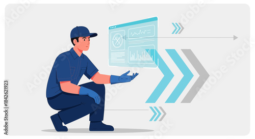 Digital maintenance worker interacts with augmented reality diagnostic interface panel