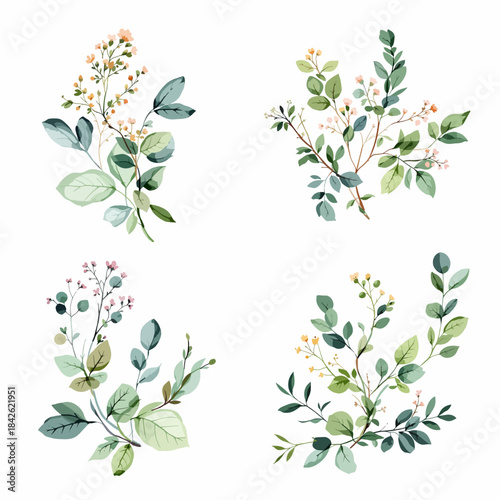 Fresh garden inspired watercolor stems with delicate petals and leafy accents