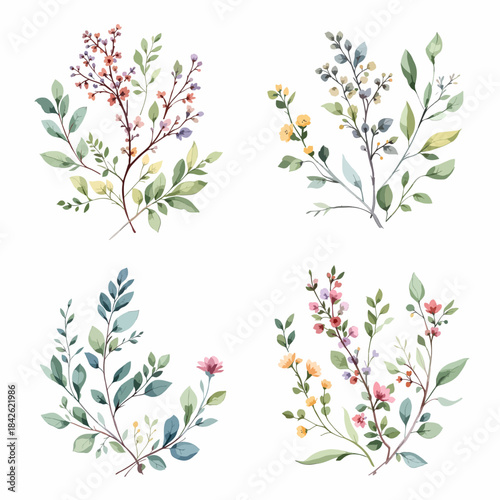 Artistic watercolor greenery and blossoms forming light decorative corner elements