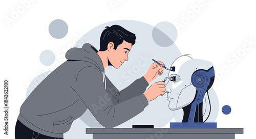 Engineer assembling advanced robot head with precision tools in modern laboratory setting