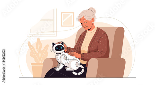 Elderly woman bonding with a robotic companion cat for comfort and companionship during retirement