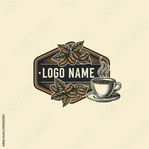 Vintage Hexagon Coffee Badge Logo with Beans & Steaming Cup