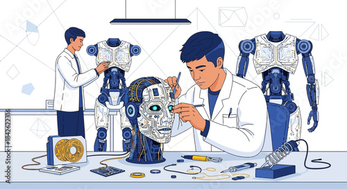 Engineers assemble a futuristic humanoid robot in the lab, signifying innovation and progress in