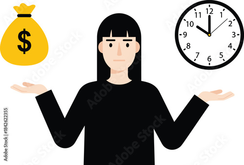 Woman balancing money and time, concept of financial decisions, work life balance, choice illustration, time management and value comparison