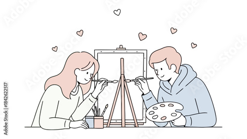 Artistic Embrace: A tender couple, immersed in the world of art, shares a moment of creative connection as they paint together, brush in hand. 