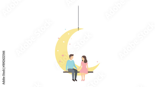 Lunar Embrace: A tender couple sits on a crescent moon, hand in hand, lost in a world of love, dreaming amidst the starlit sky. This illustration shows a beautiful concept of love, unity, and dreams.