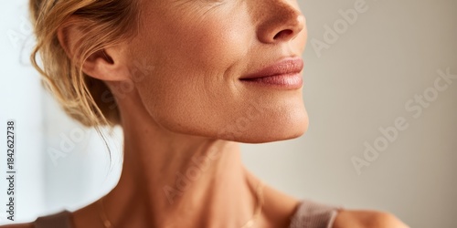 Close-Up of Woman Smiling with Natural Makeup and Soft Lighting
