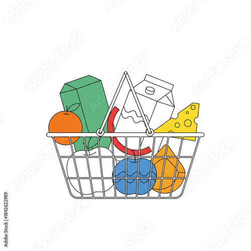 A simple line drawing of a shopping basket with groceries