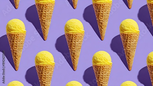 Yellow Ice Cream Cones on Purple Background