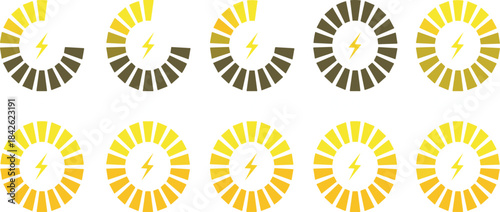 Yellow loading and charging icons, circular progress indicators with lightning symbol for energy apps, battery status, UI elements, technology graphics, dashboards