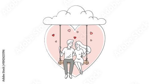 Love's Embrace on a Swing: A romantic illustration of a couple, swinging amidst hearts, symbolizes a blissful love. Floating beneath a soft cloud, they embody the essence of togetherness.