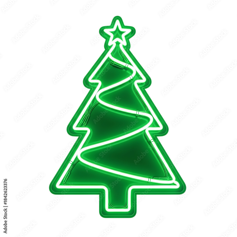 Fototapeta premium Glowing green christmas tree with white lights and star