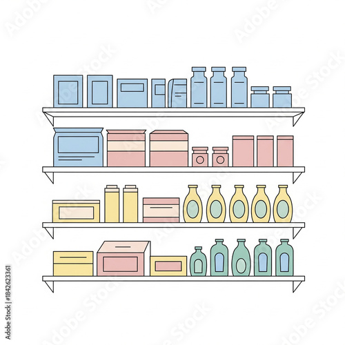 Organized kitchen shelves filled with containers and storage items