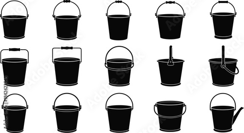 Black Silhouette Hand Drawn Vector Set of Various Buckets, Pails, and Containers Illustration, Water, Cleaning, Garden, Construction, and Household Tools and Equipment Collection.