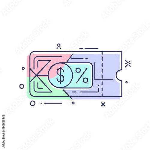 Colorful line art illustration of a discount ticket with symbols