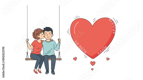 Couple's Swing and the Heart's Song: An artistic, heartwarming scene features a couple enjoying a swing, symbolizing love and connection, a large red heart floats in air.