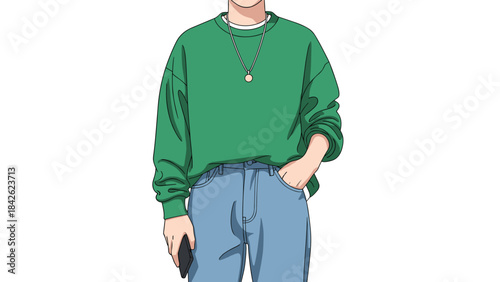 A person wearing a green sweater and blue jeans standing with one hand in pocket