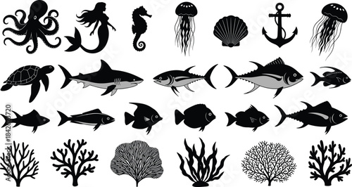 Underwater, marine, life, silhouettes, featuring, fish, sharks, octopus, mermaid, seahorse, turtles, coral, seaweed, jellyfish, shells, anchor, aquatic, animals, ocean, elements, cad, drawing, flat, v