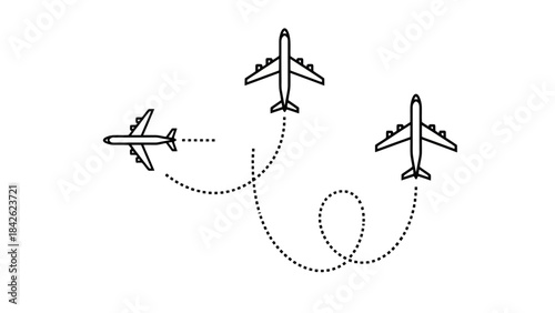Three Airplanes Flying on Different Paths with Dotted Flight Routes