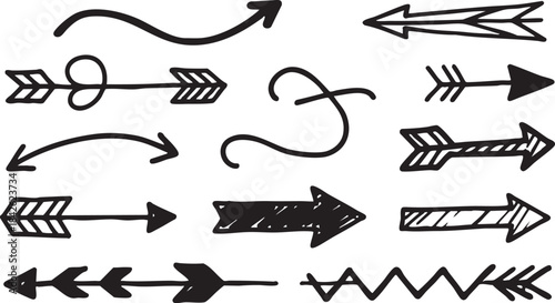 Grunge Hand-Drawn Arrow & Swirl Set: Bold Black Sketch Directional Design Elements