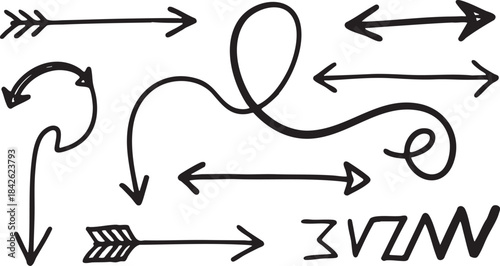 Grunge Hand-Drawn Arrow & Swirl Set: Bold Black Sketch Directional Design Elements