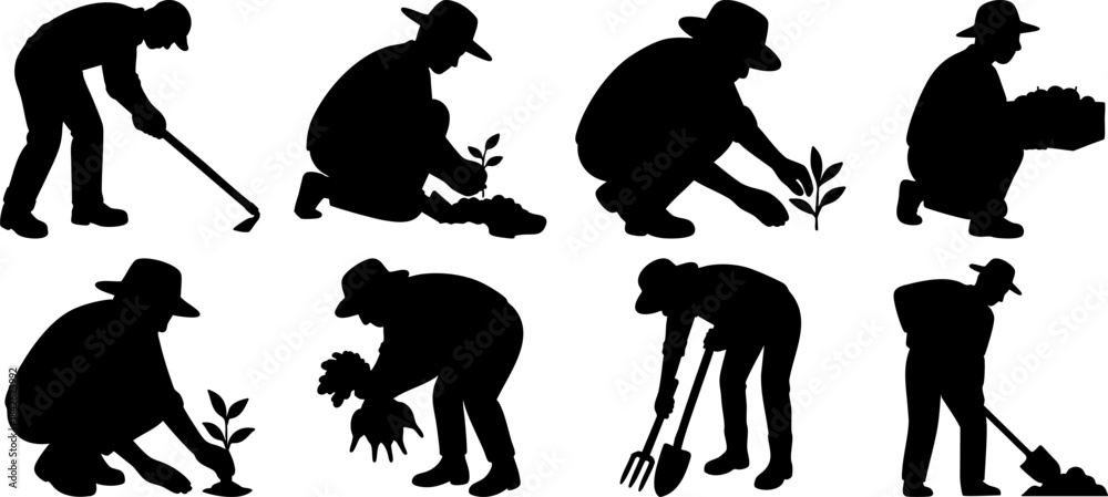Obraz premium Silhouettes of Farmers, Gardeners, Florists, and Country People Working Outdoors”