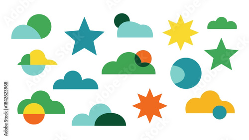 Abstract Geometric Shapes: Playful Sun, Clouds, Stars, and Car Vector Illustrations